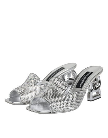 Silver Viscose Logo Heels Slide Sandals Shoes