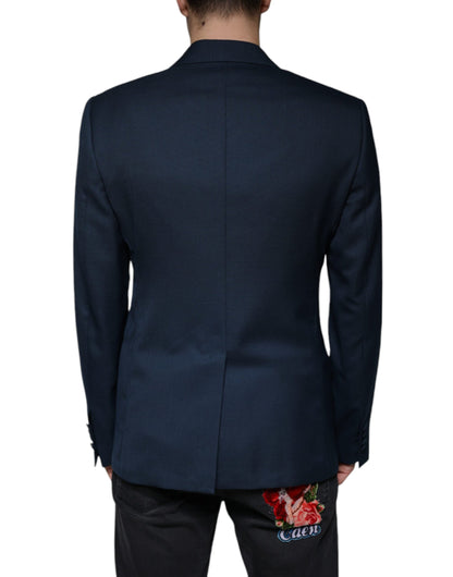 Blue Wool Logo Single Breasted Coat Blazer