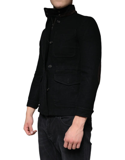 Black Button Down Cotton Stretch Denim Jacket