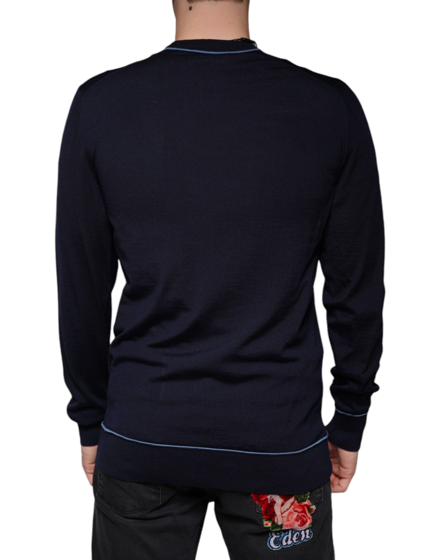 Dark Blue Wool Crew Neck Men Pullover Sweater