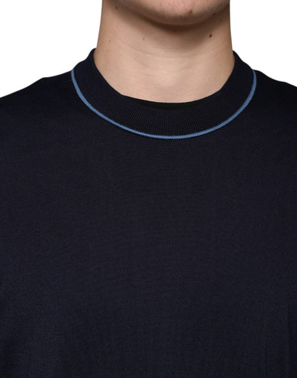 Dark Blue Wool Crew Neck Men Pullover Sweater