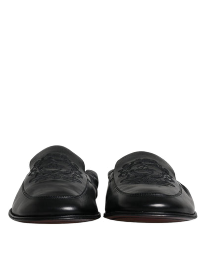 Black Logo Embroidered Leather Loafer Men Dress Shoes