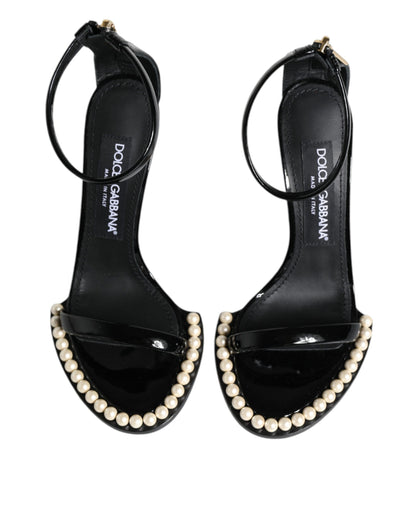 Black Keira Leather Faux Pearl Sandals Heels Shoes