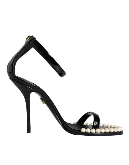 Black Keira Leather Faux Pearl Sandals Heels Shoes