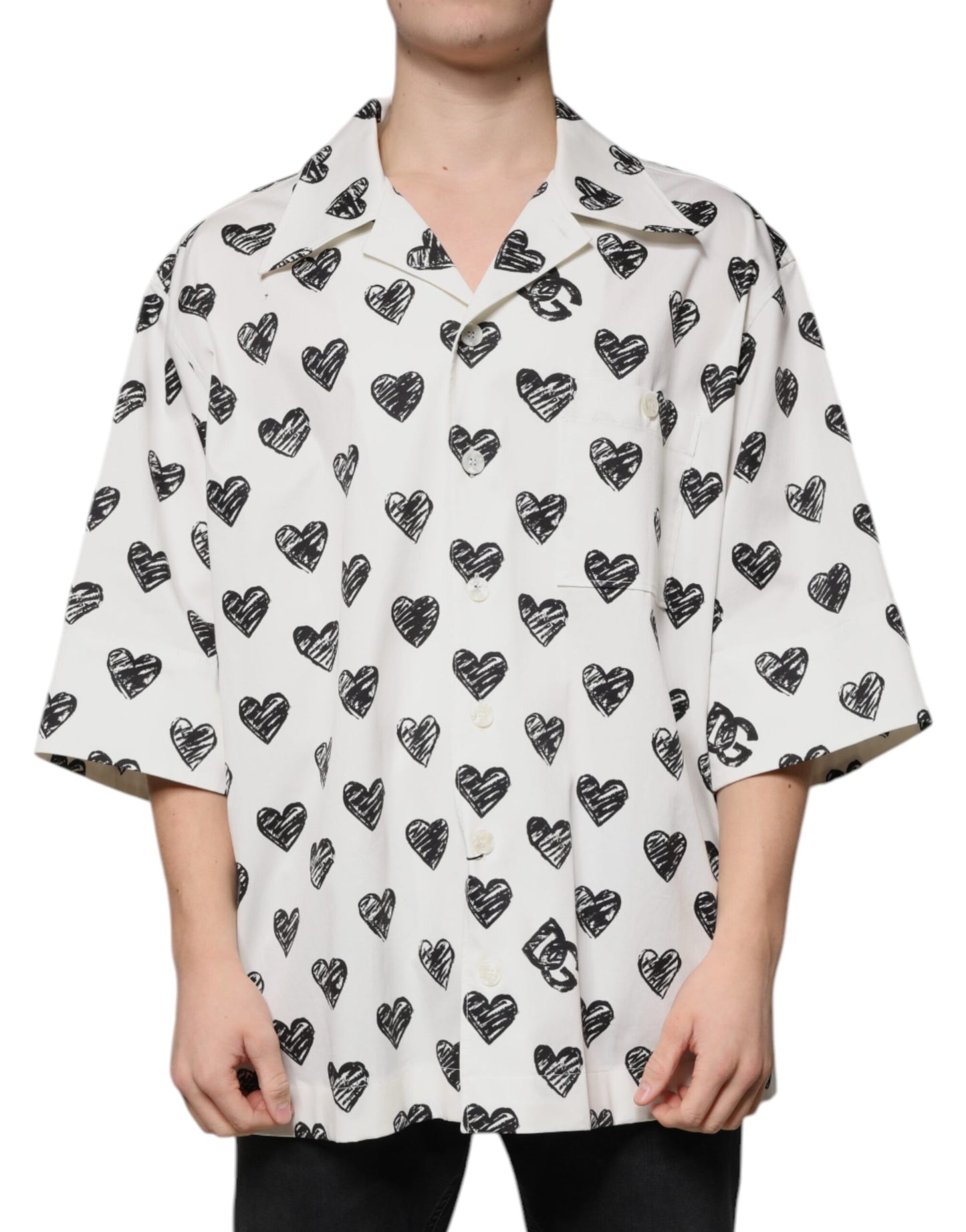 White Heart Print Short Sleeve Casual Shirt