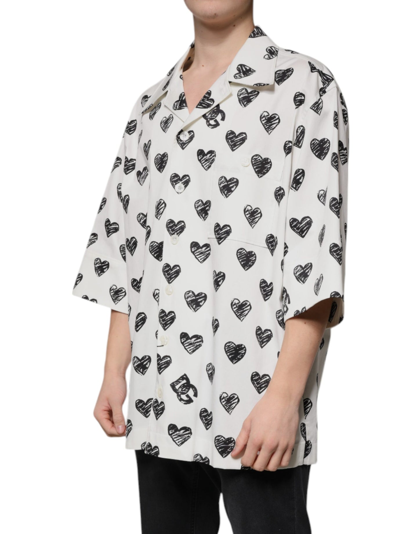 White Heart Print Short Sleeve Casual Shirt