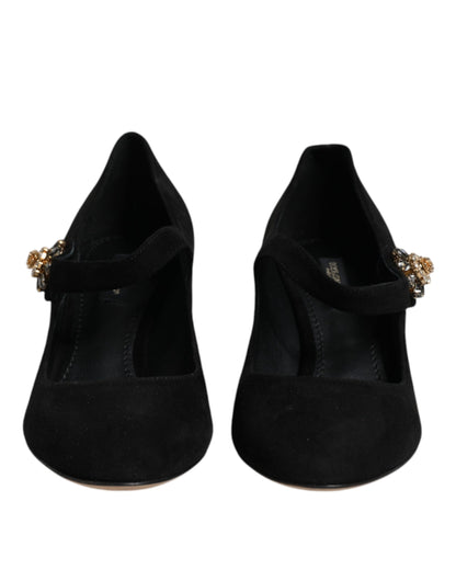 Black Suede Crystal Mary Jane Heels Shoes