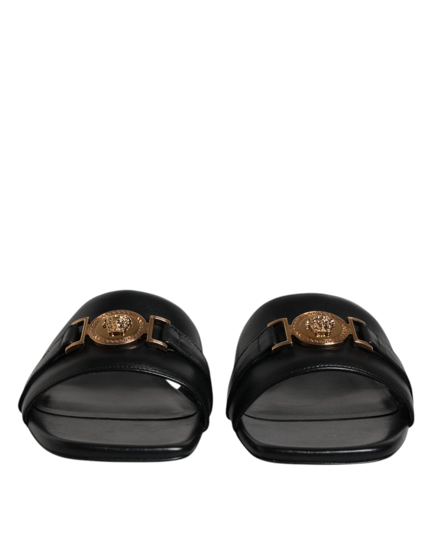 Black Leather Logo Plaque Slip On Slides Flats Shoes