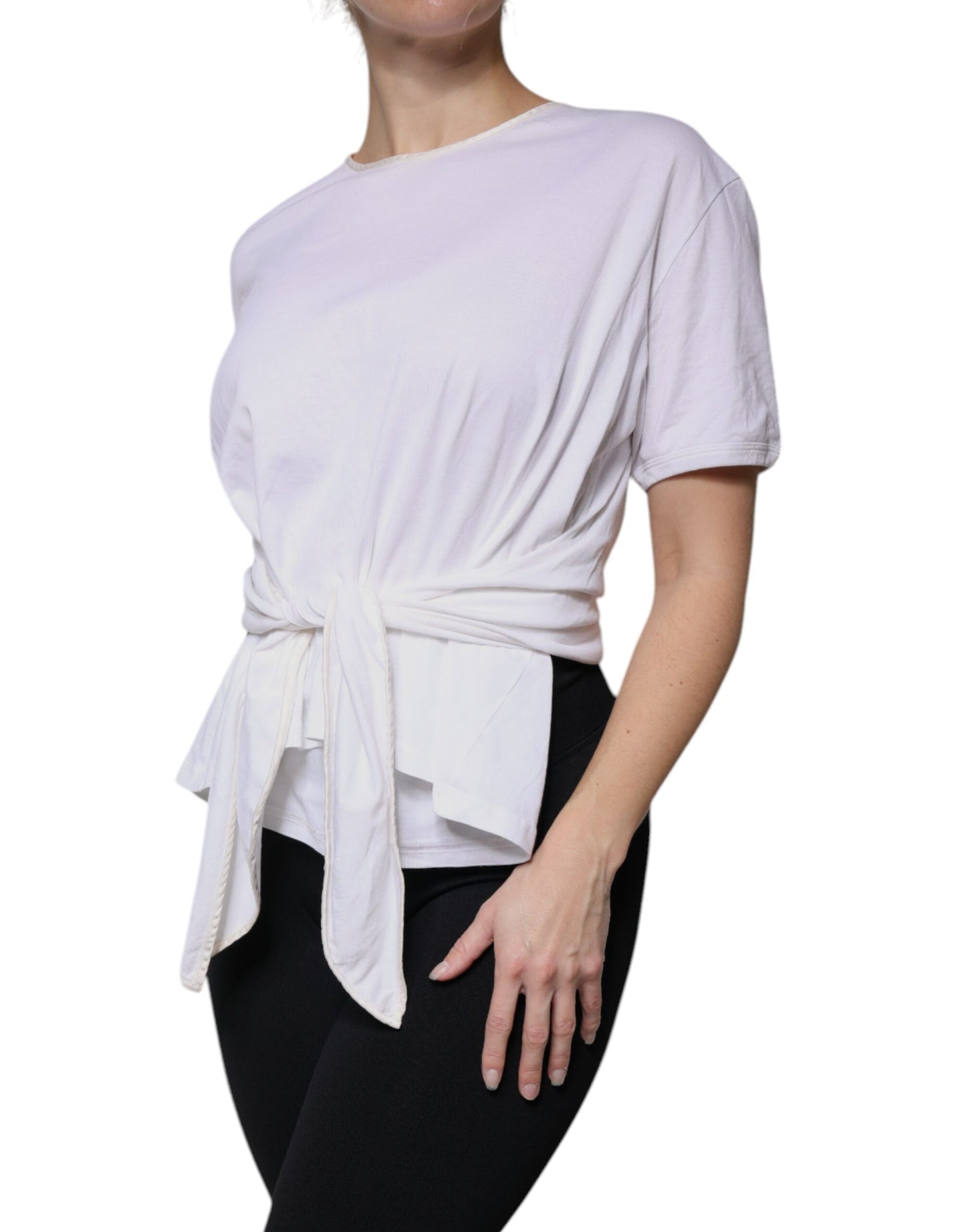 White Cotton Silk Round Neck Wrap Blouse Top