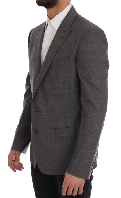 Sleek Gray Checkered Wool Blazer