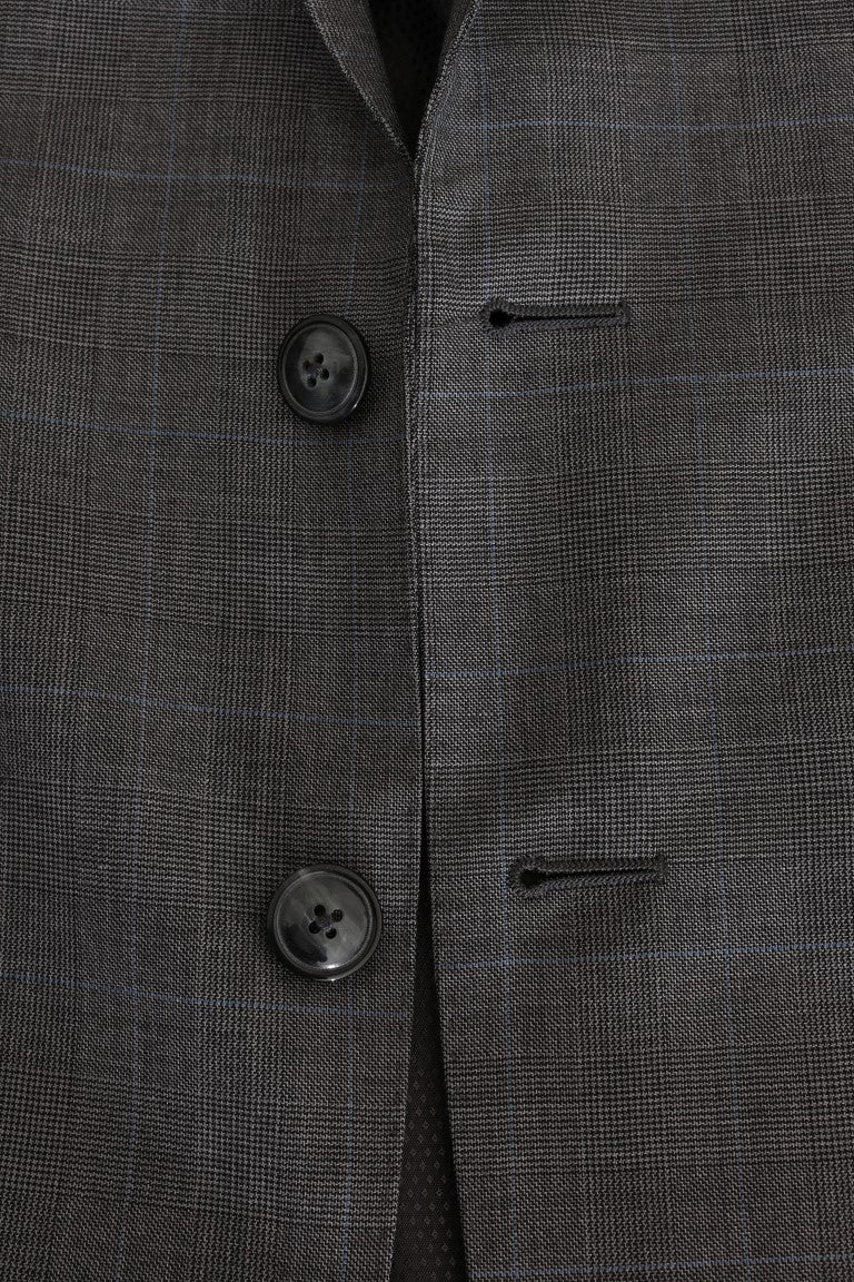 Sleek Gray Checkered Wool Blazer