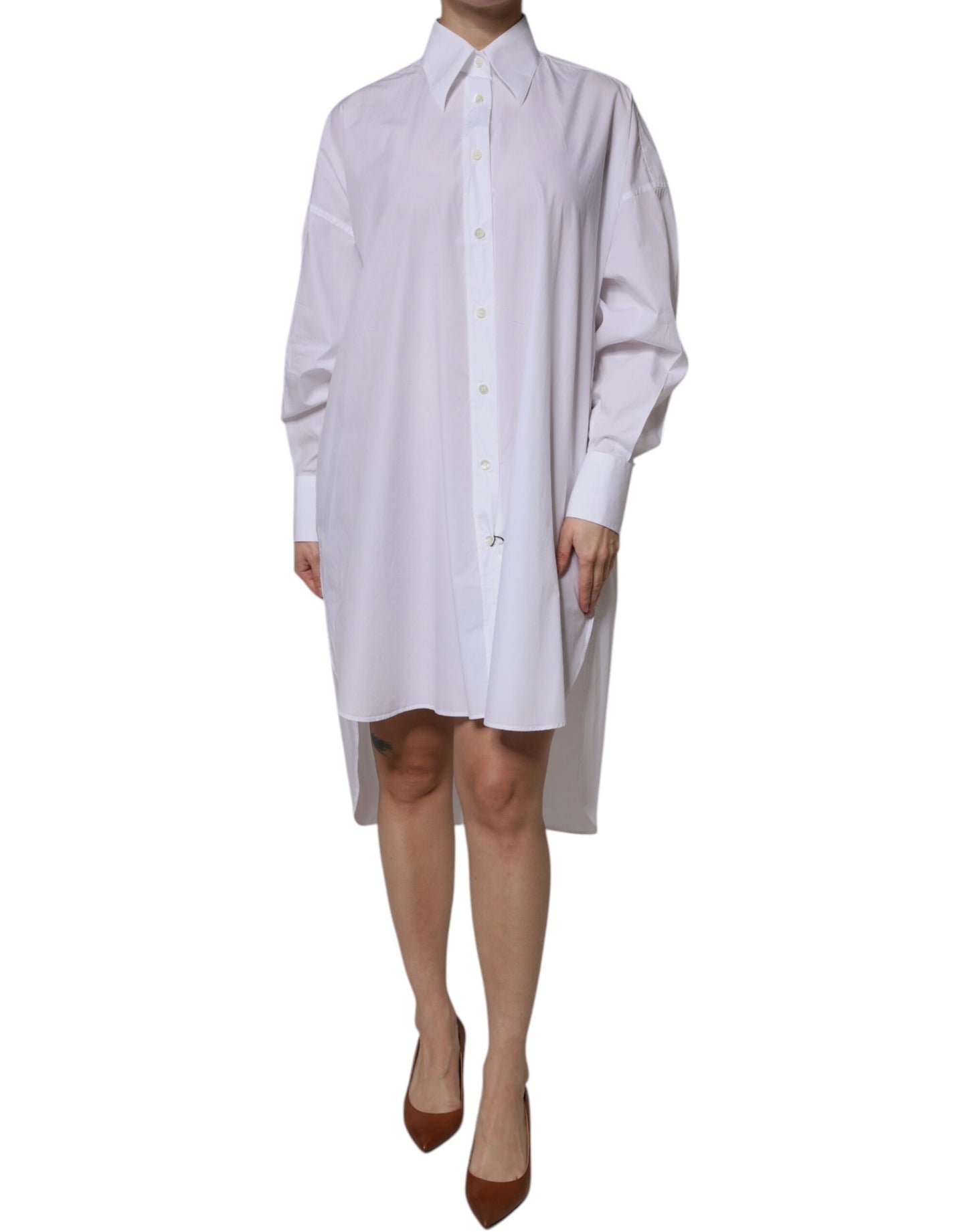 White Cotton Collared Long Sleeves Shirt Dress