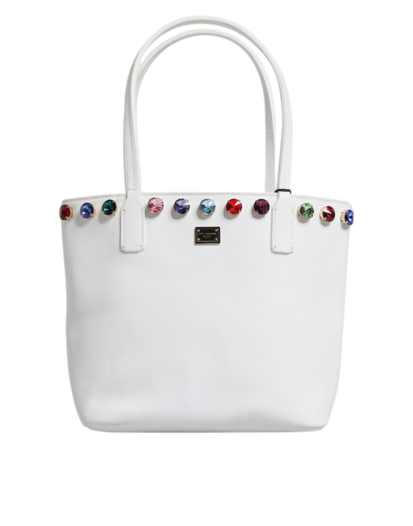 White Leather Crystal DG Logo Shoulder Tote Bag