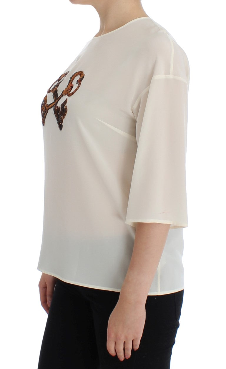 Ivory Sequined Silk Blouse Top