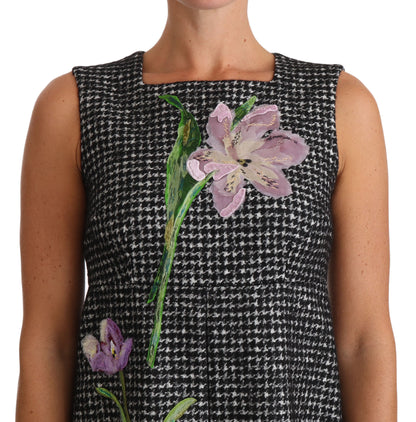 Houndstooth Floral Appliqué Shift Dress