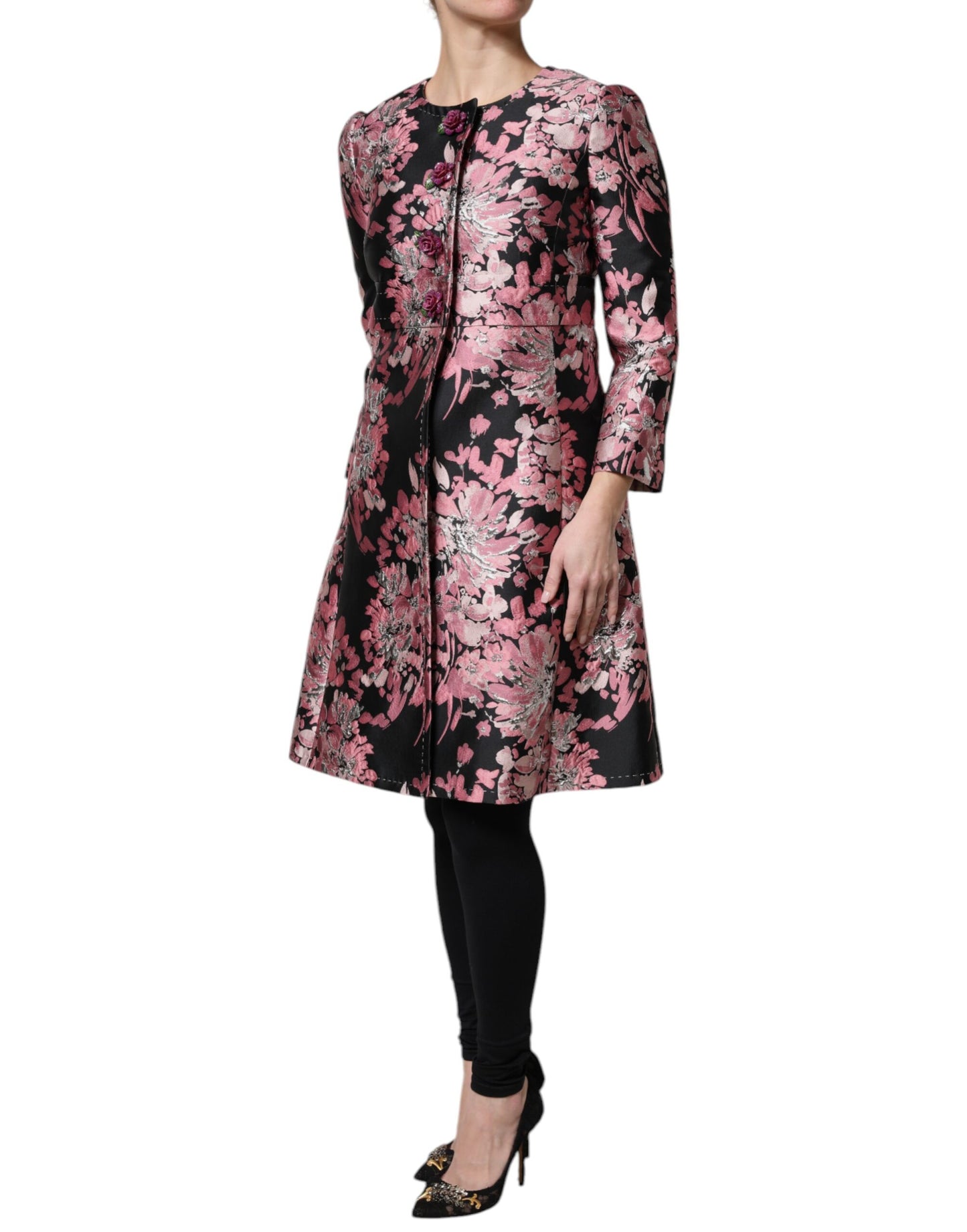 Pink Black Floral Brocade Trenchcoat Jacket