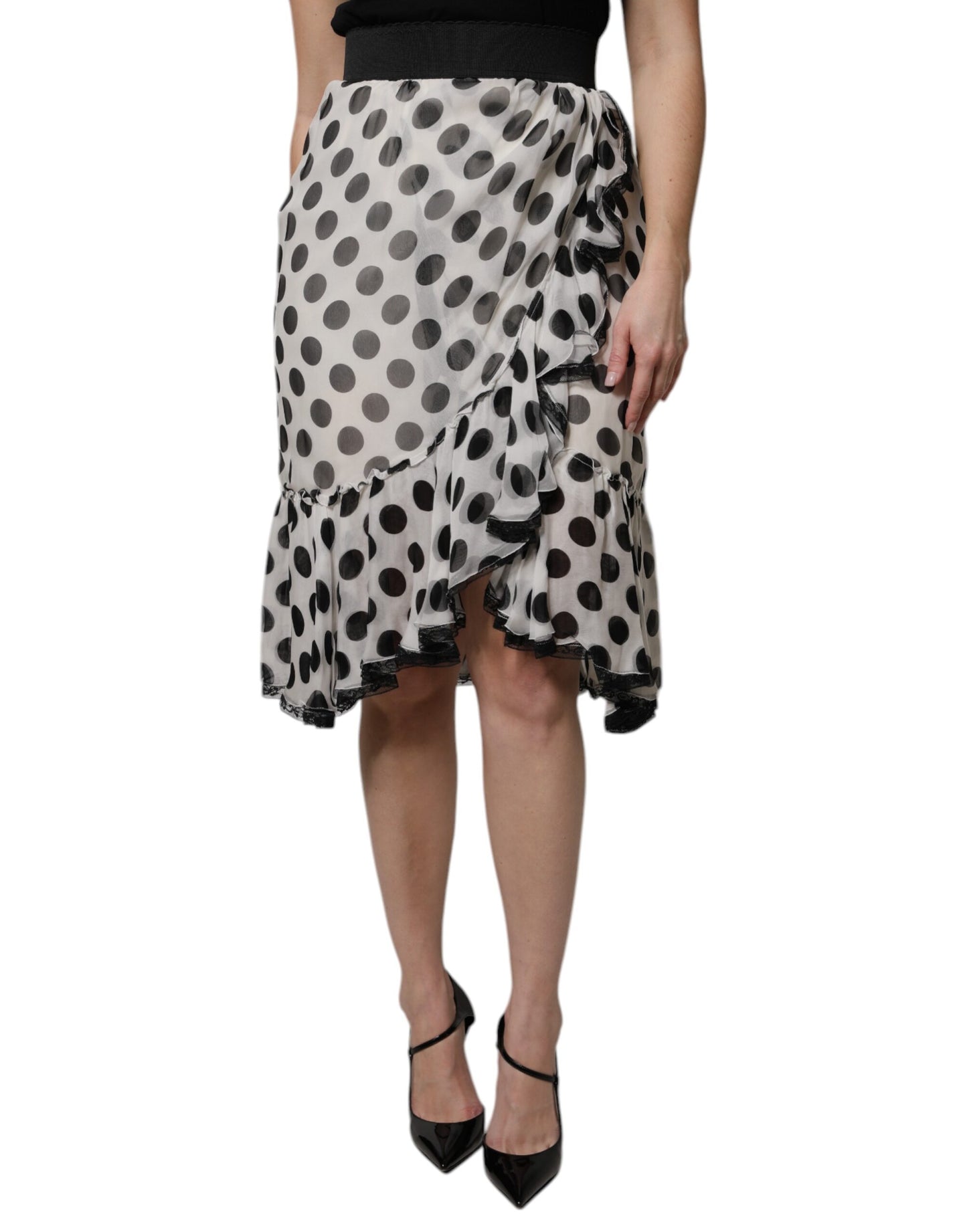 White Black Polka Dots Knee Length Skirt