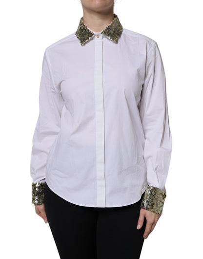 White Cotton Long Sleeves Sequin Shirt Top