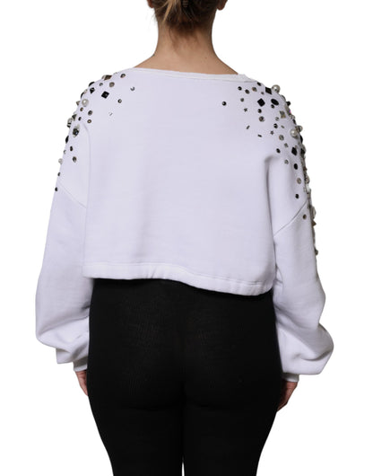 White Embellished Long Sleeve Cropped Sweater