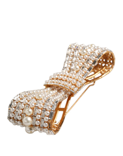 Gold Tone Brass Bow Crystal FauxPearl Embellished Brooch