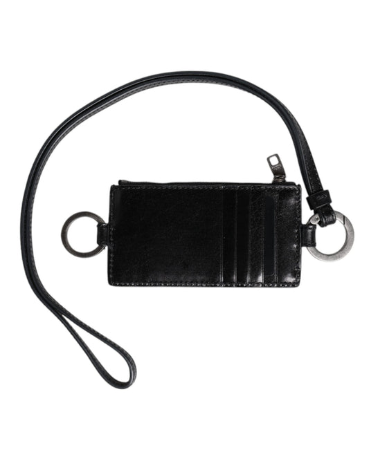 Black Leather Logo Embossed Lanyard Card Holder Wallet
