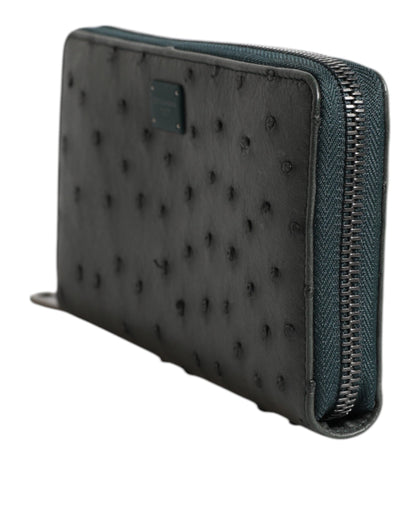 Green Ostrich Logo Plaque Zip Around Continental Wallet