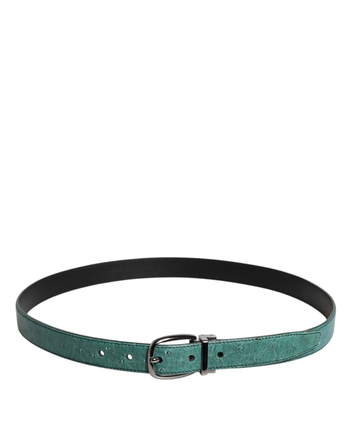 Green Ostrich Leather Silver Metal Buckle Belt