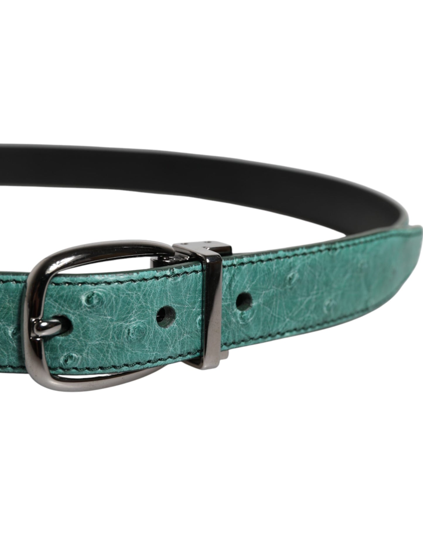 Green Ostrich Leather Silver Metal Buckle Belt