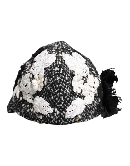 Black Wool White Floral Embellished Cloche Hat