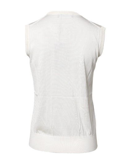 White Silk Round Neck Sleeveless Tank Top
