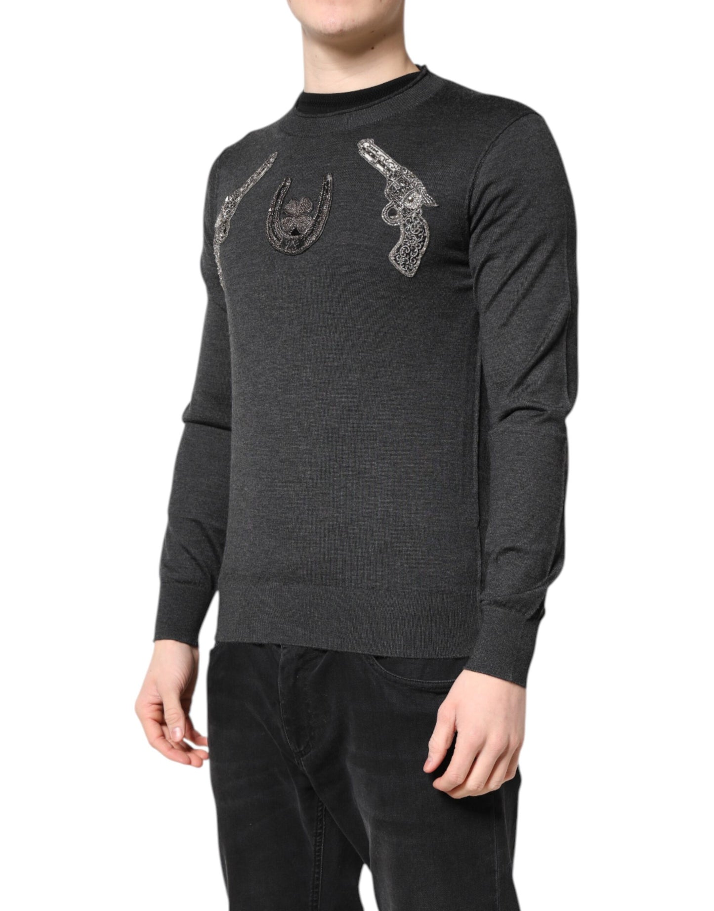 Gray Embroidery Knit Men Pullover Sweater