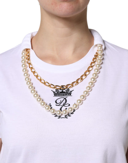 White Chain Pearl Cotton Round Neck T-shirt