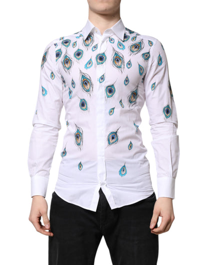 White Cotton Feather Print GOLD Dress Shirt