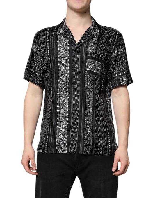 Black Silk Floral Print Short Sleeves Shirt