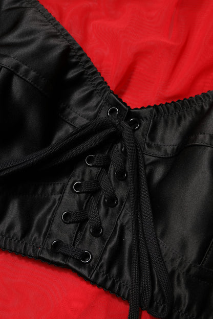 Red Black Bustier Detailing Long Sleeves Top