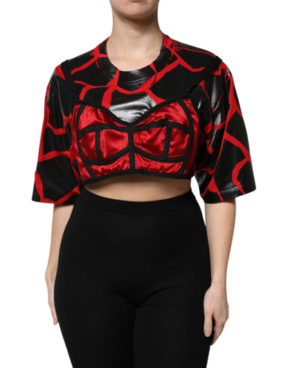 Red Black Cotton Bustier Detailing Cropped Top