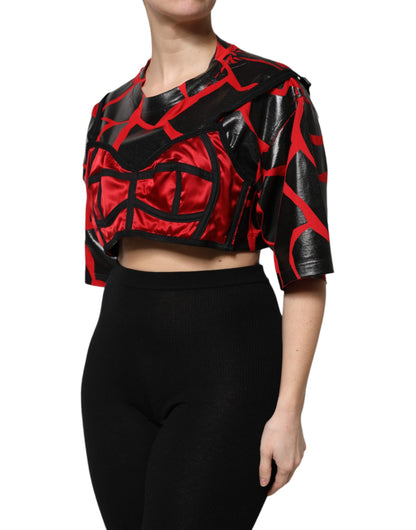 Red Black Cotton Bustier Detailing Cropped Top