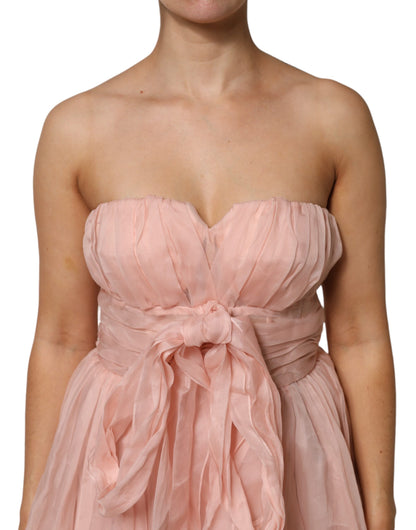 Pink Silk Chiffon A-line Pleated Midi Dress