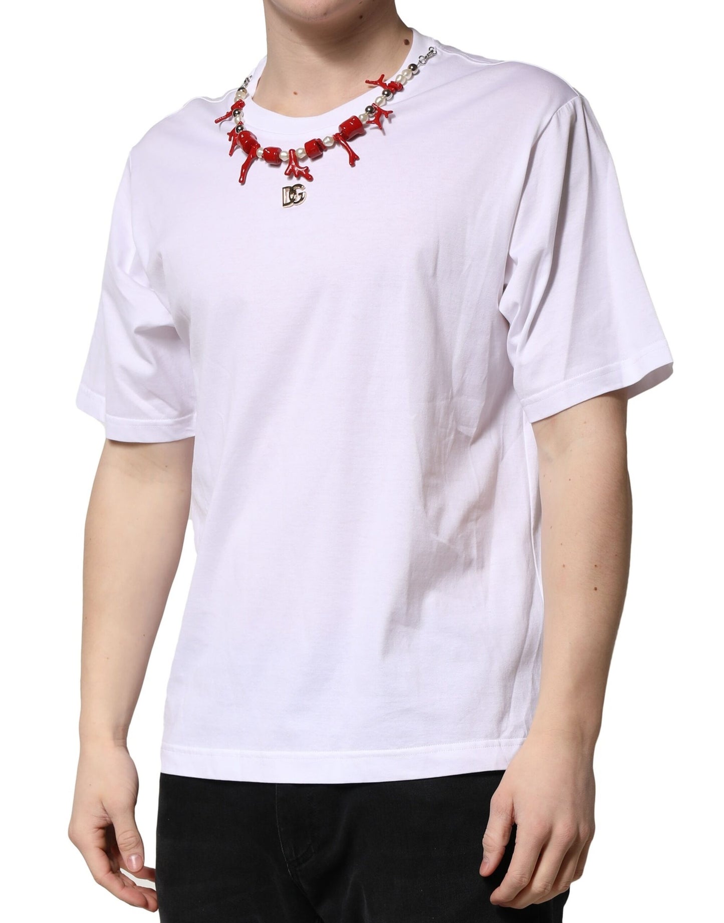 White Embellished Cotton Crew Neck T-shirt