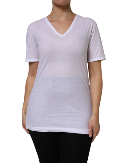 White Cotton Short Sleeves V-Neck Top T-shirt