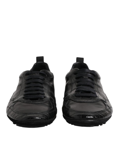 Black Exotic Leather Low Top Sneakers Shoes