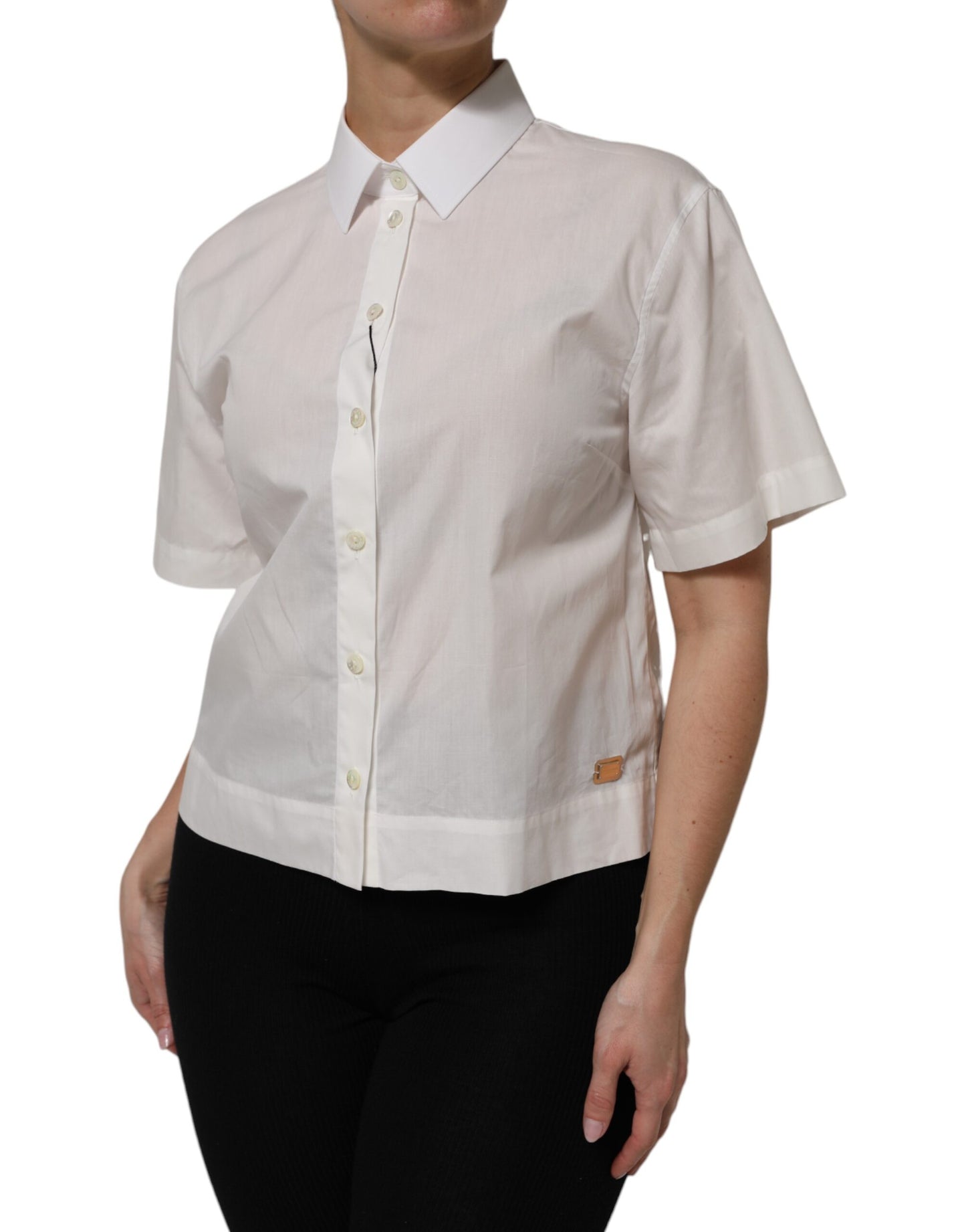 White Cotton Short Sleeves Collared Top Shirt