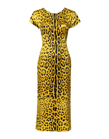 Yellow Polyester Leopard Midi Sheath Dress