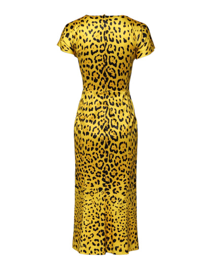 Yellow Polyester Leopard Midi Sheath Dress