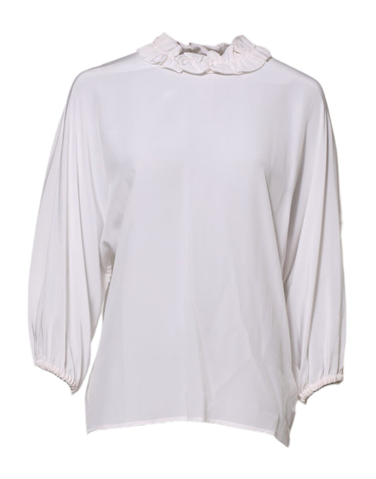 White Ruffled Neckline Blouse Pullover Top