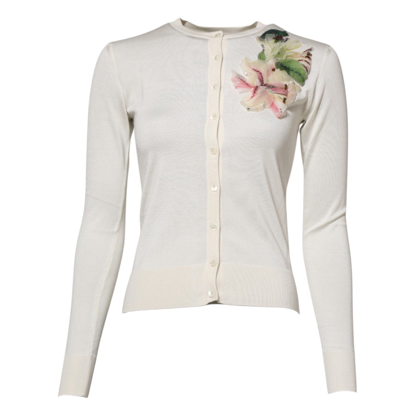 White Silk Lily Embellished Cardigan Sweater