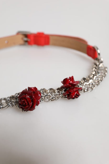 Red Leather Silver Chain Floral Cintura Belt