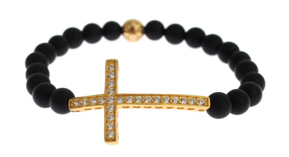 Chic Matte Onyx Bead & CZ Diamond Cross Bracelet