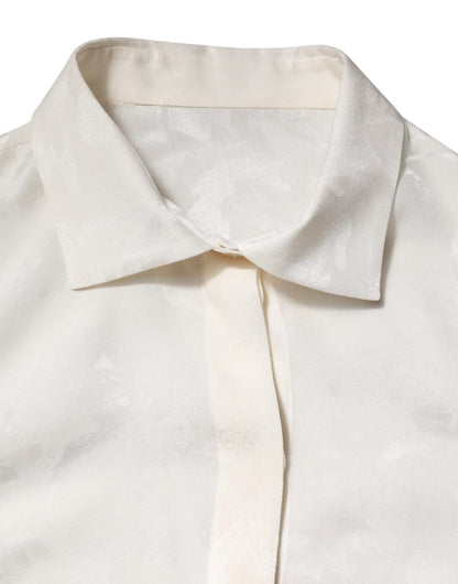 White Silk Long Sleeves Collared Shirt Top