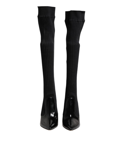 Black Leather Ribbed Knit Knee Boots Shoes